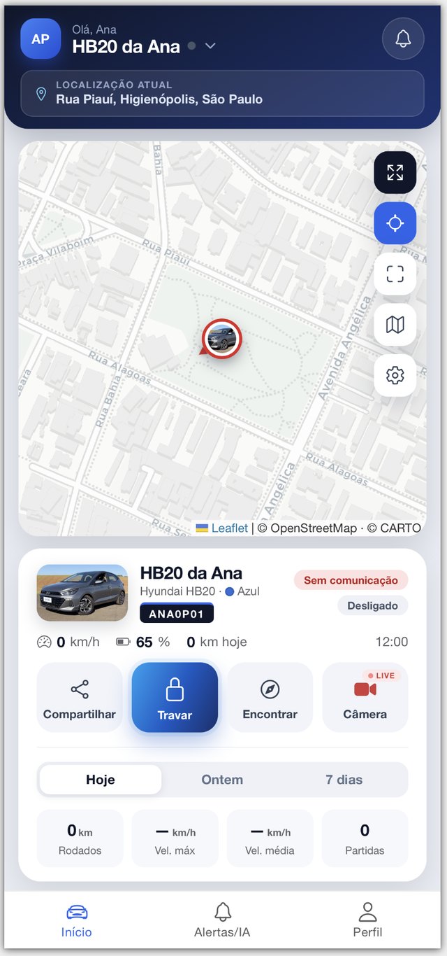 Tela inicial do app KivoTrack com o carro no mapa